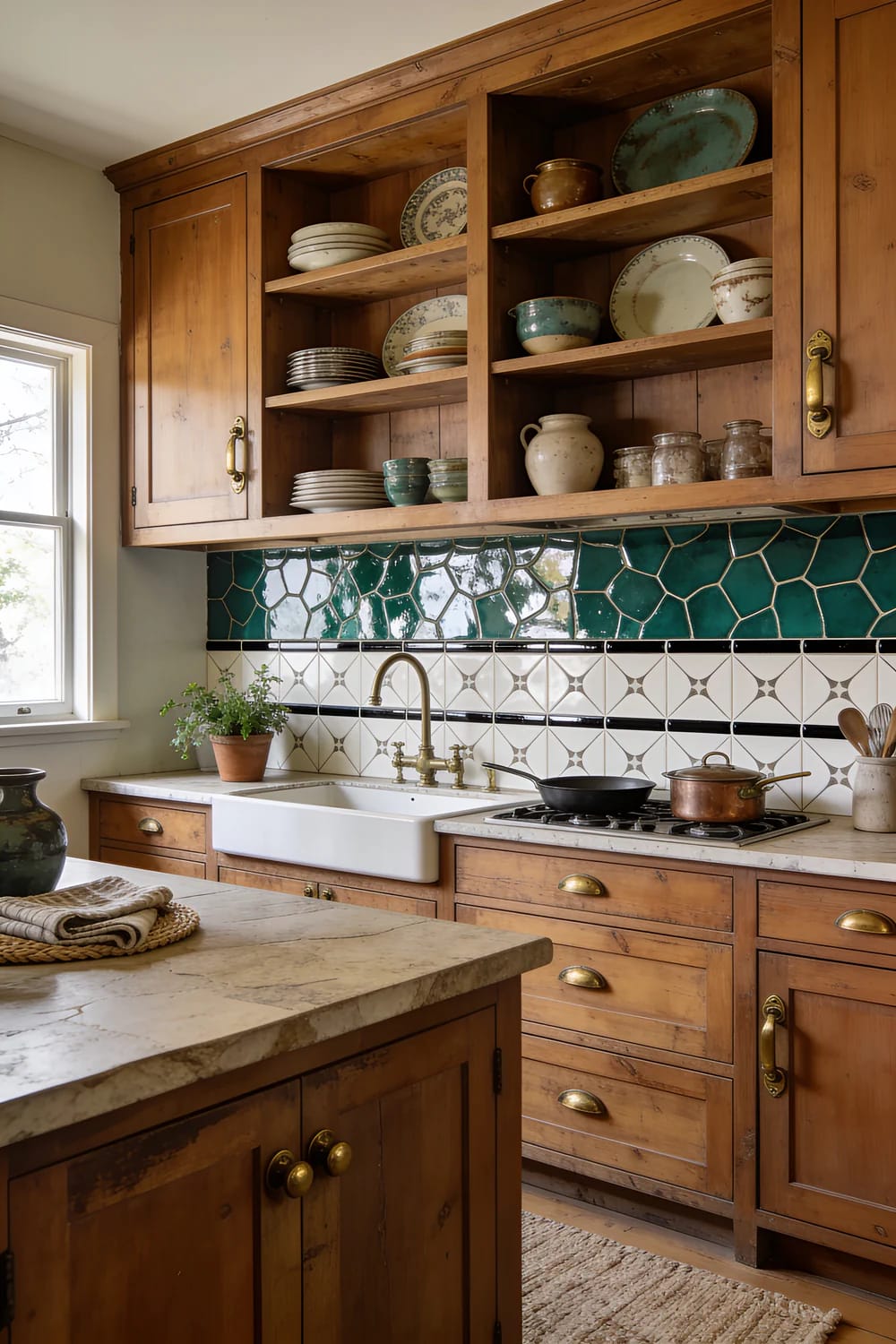 Eclectic kitchen with wood cabinetry, open shelves displaying dishes, and a backsplash featuring two tile patterns: dark green irregular tiles above white geometric tiles.