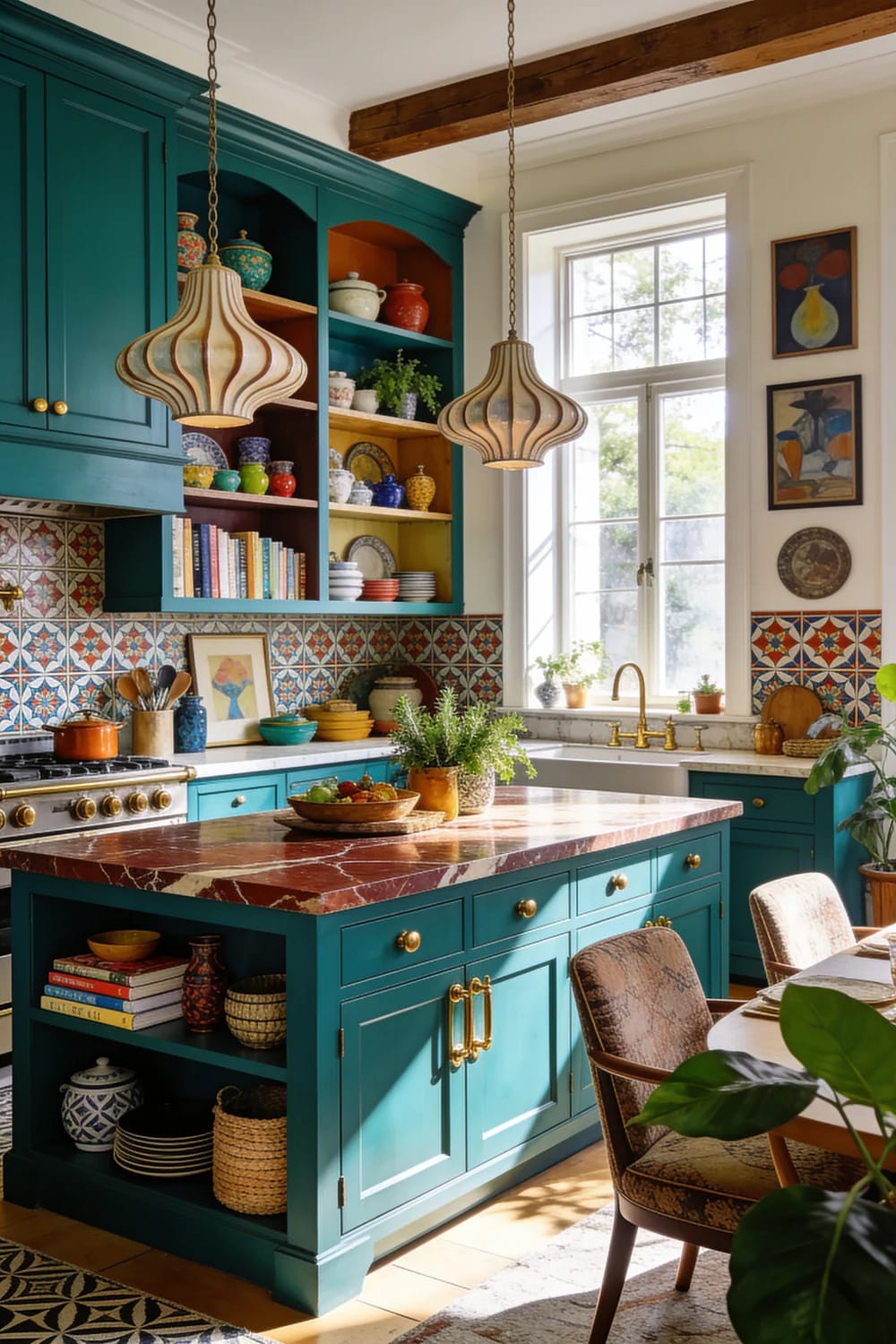 Eclectic kitchen with teal cabinetry, patterned backsplash tiles, open shelves displaying colorful dishes, pendant lights, a marble-topped island, and a sunlit window