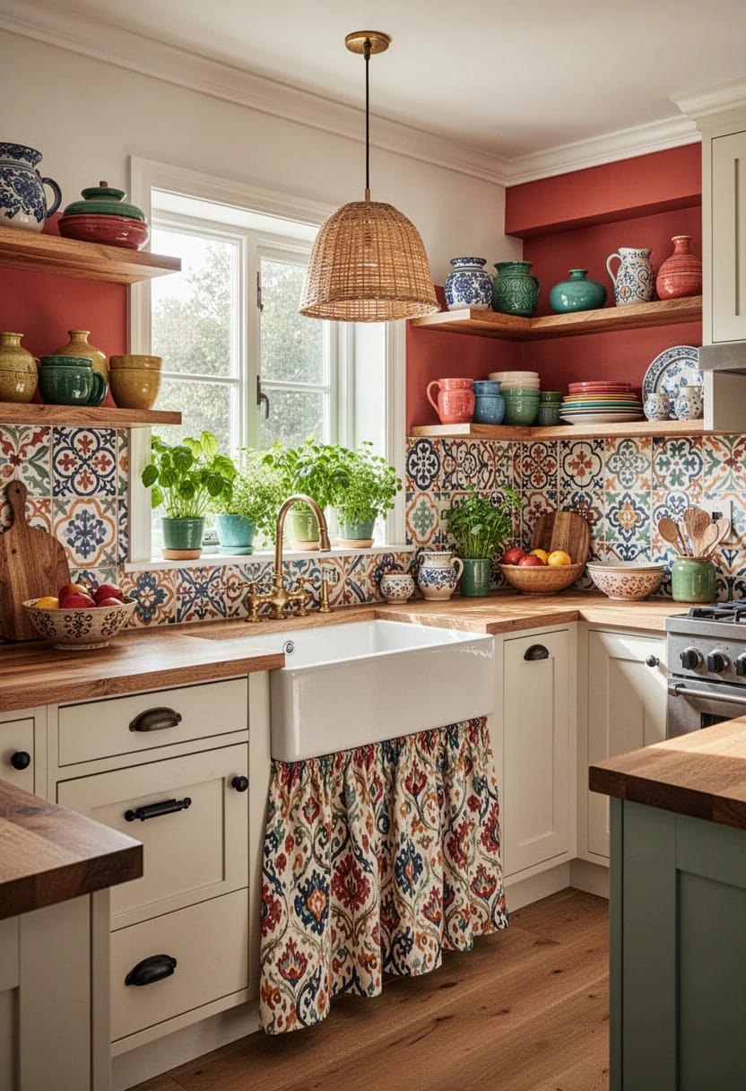 Eclectic rental kitchen with colorful patterned tile backsplash, open wood shelves displaying pottery, cream cabinets with dark hardware, a farmhouse sink with a patterned skirt, potted herbs, and a woven pendant light