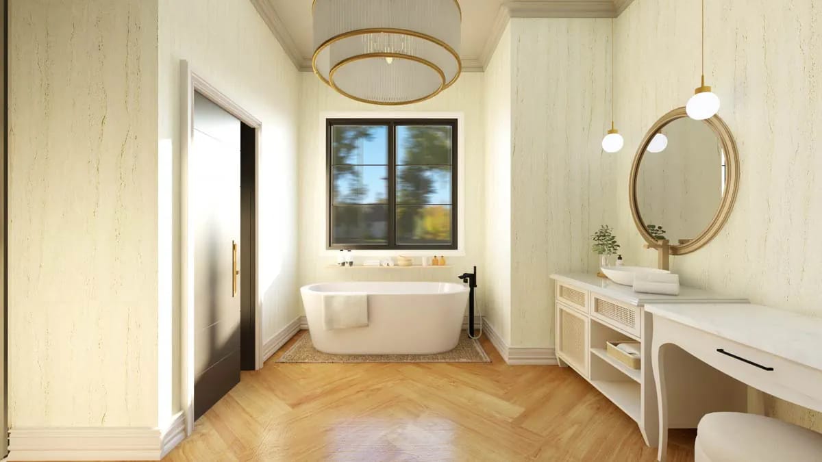 Elegant bathroom with soaking tub, herringbone floor, marble vanity, and gold accents Elegant bathroom with soaking tub, herringbone floor, marble vanity, and gold accents