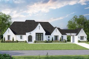 elegant white brick home with steep gabled roof arched entry and porte cochre in