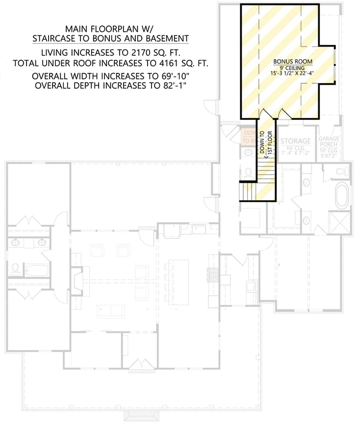 Farmhouse Home Office Bonus Room Floor Plan Architectural floor plan showing a highlighted bonus room with a staircase to the first floor, while the main farmhouse layout with bedrooms, living spaces, garage, and porch appears faintly in the background.