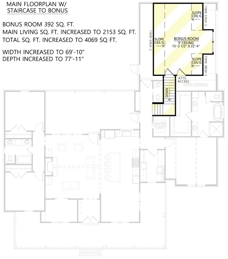 Farmhouse Home Office Bonus Room Floor Plan Floor plan diagram highlighting a bonus room above the main layout, with stairs, attic access, knee walls, sloped ceilings, and storage areas for this farmhouse with home office and wraparound porch.