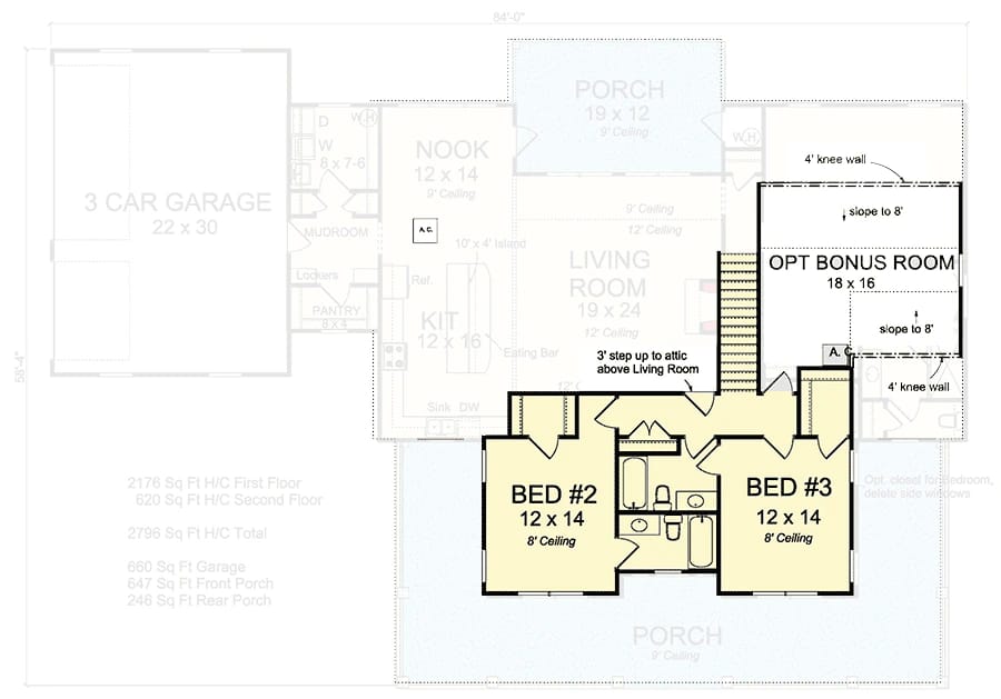 Second-floor layout of the farmhouse plan showing bedrooms 2 and 3, a central bathroom, an optional bonus room, stairs, and surrounding porch areas.