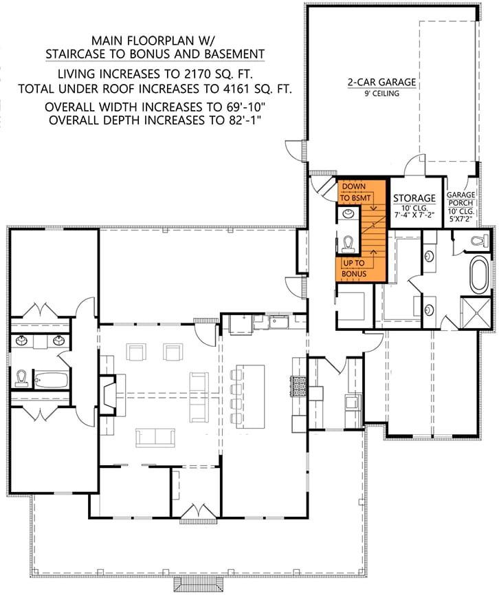 Farmhouse With Home Office Floor Plan Architectural floor plan for a farmhouse with home office, showing the main living areas, bedrooms, bathrooms, kitchen, two-car garage, garage porch, and stairs to the bonus room and basement.