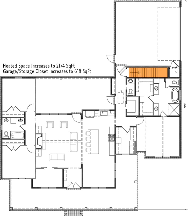 Farmhouse With Home Office Floor Plan Architectural floor plan showing a modern farmhouse layout with three bedrooms, multiple bathrooms, open kitchen and living areas, a home office, garage or storage space, and a wraparound porch.