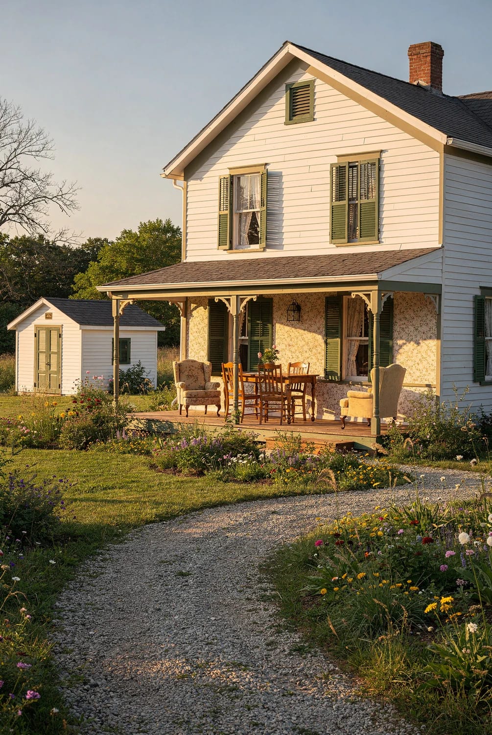Folk Victorian home with cream siding, green shutters, a covered porch furnished with chairs and a table, a small outbuilding, and flower-filled gardens along a gravel path