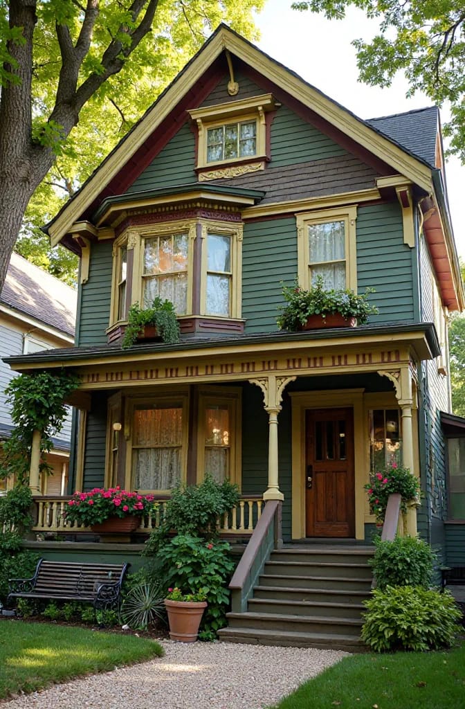 Front view of a two-story Folk Victorian home with dark green siding, decorative cream and red trim, bay windows, a covered porch, flower boxes, potted plants, and a gravel walkway