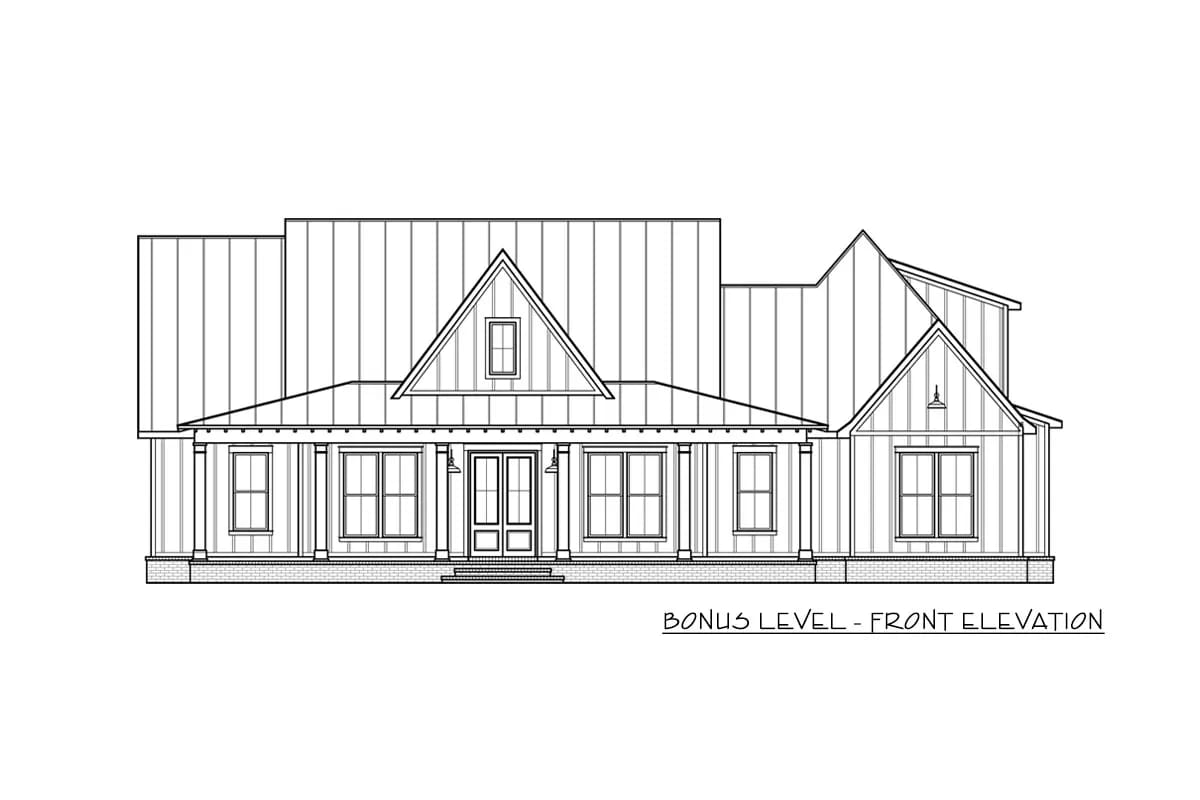 Front elevation drawing of a long home with covered porch, multiple gables, and vertical siding Front elevation drawing of a long home with covered porch, multiple gables, and vertical siding