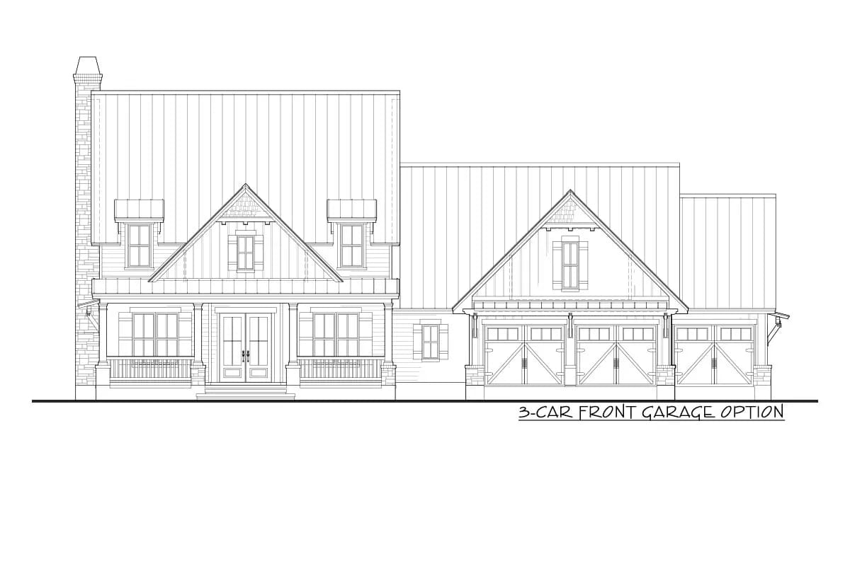Front elevation drawing of a traditional home with a porch, multiple gables, chimney, and three-car garage