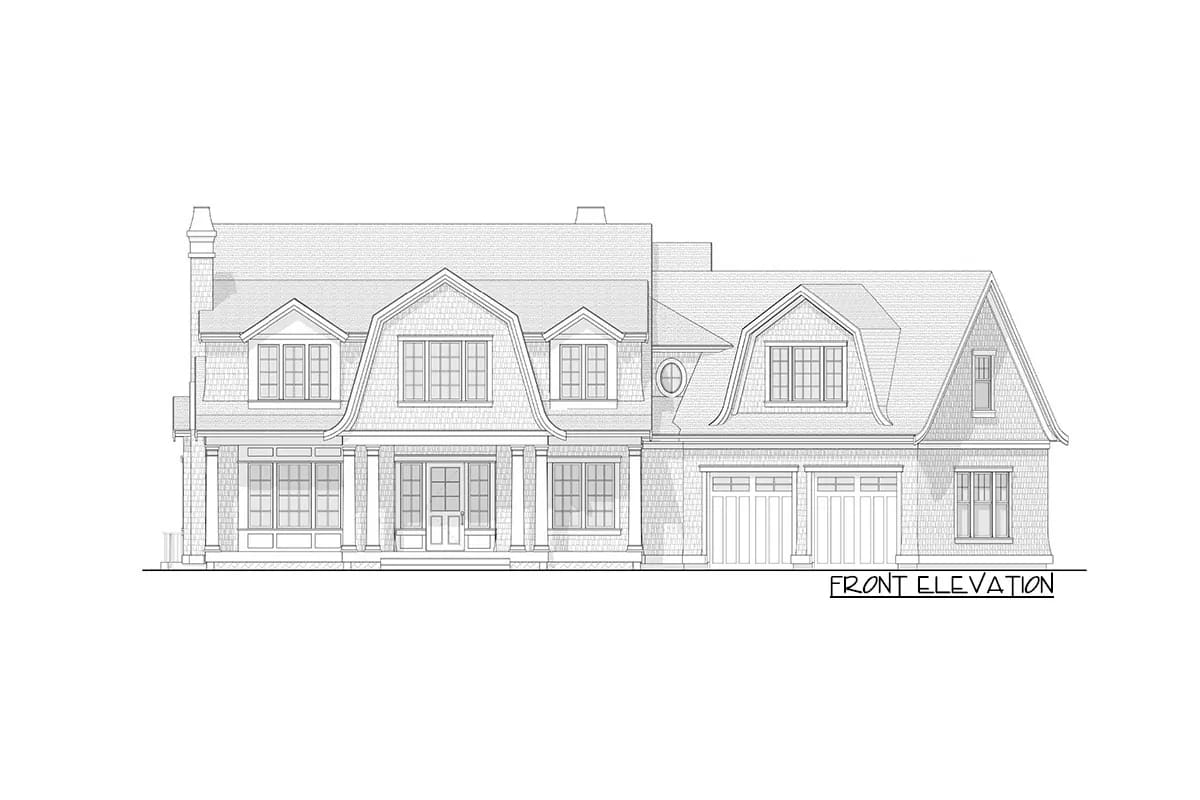 Front elevation drawing of a traditional home with gables, dormers, and a columned porch