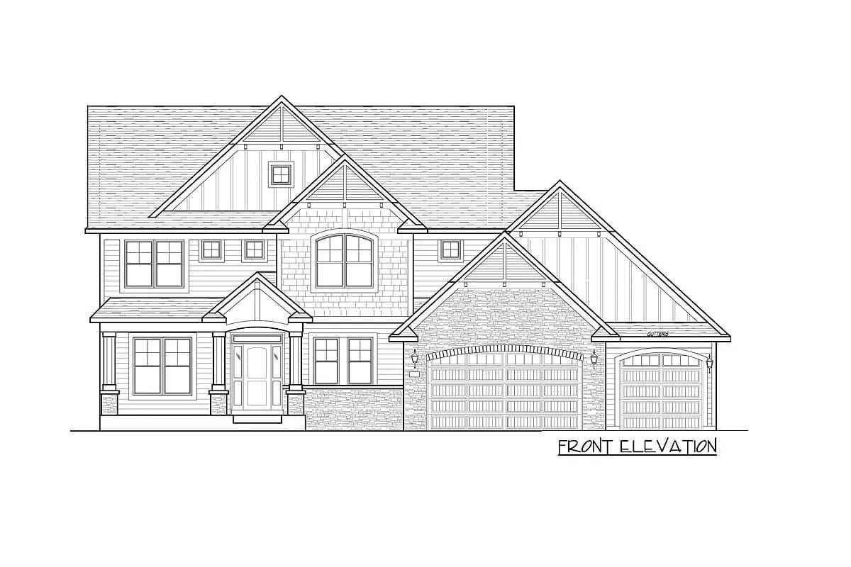 Front elevation drawing of a two-story home with three-car garage and multiple gables