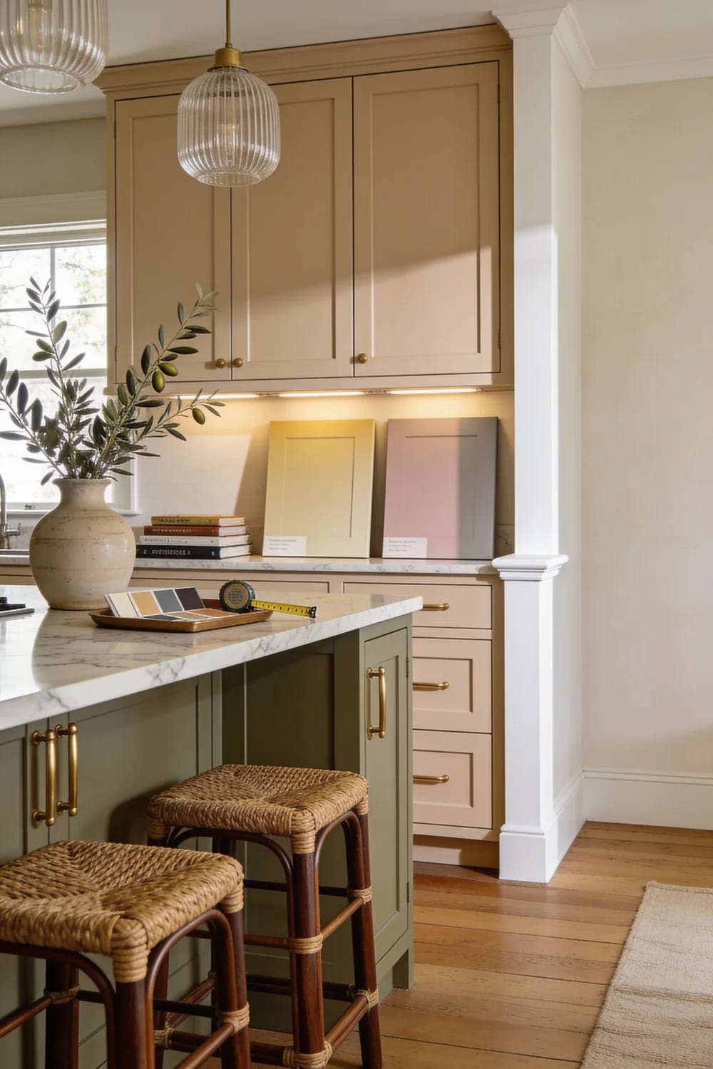 Kitchen Remodel Inspiration With Beige Cabinets And LRV Samples Warm kitchen with beige upper and lower cabinets, a dark green island, marble countertop, pendant lights, woven stools, and paint samples displayed for checking cabinet LRV
