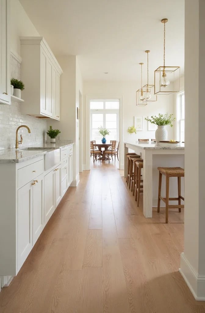 Kitchen Remodel Inspiration With Continuous Flooring Bright white kitchen with wood flooring that continues through the doorway into an adjoining dining area, featuring a central island, stools, pendant lights, white cabinetry, and a window.