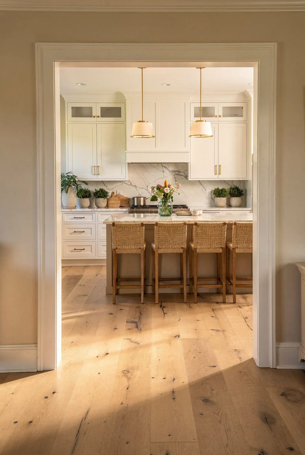 Kitchen Remodel Inspiration With Continuous Wood Flooring View through a doorway into a bright white kitchen with an island, woven bar stools, pendant lights, marble backsplash, and light wood flooring continuing from the adjoining room into the kitchen.