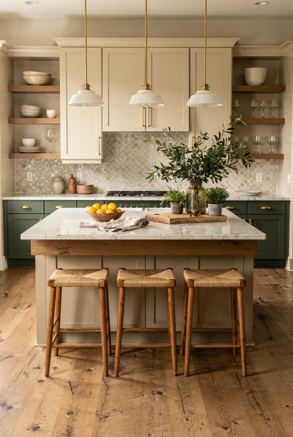 Kitchen Remodel Inspiration With Long-Side Island Seating Kitchen remodel inspiration showing three woven stools arranged along the long side of a large island with a white countertop, green cabinetry, open shelves, pendant lights, and patterned backsplash
