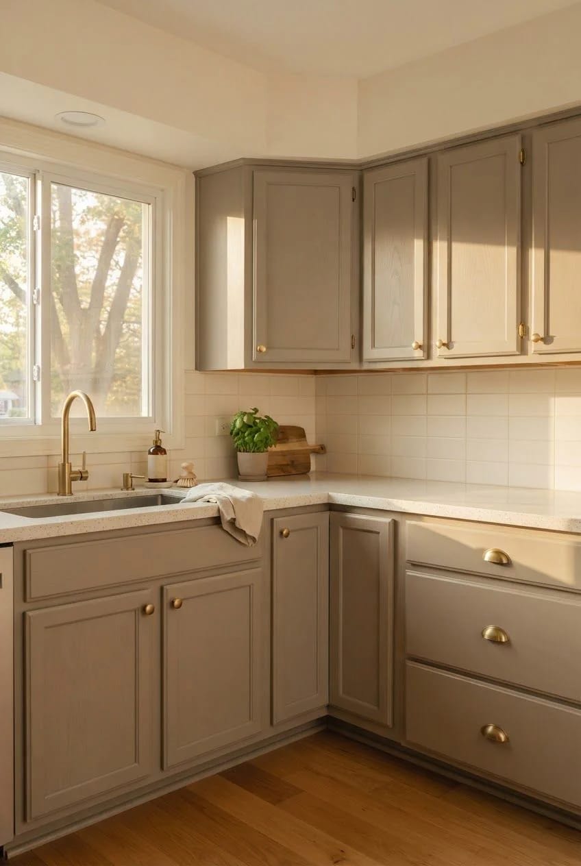 Kitchen Remodel Inspiration With Refinished Cabinets Kitchen remodel inspiration showing refinished taupe cabinets with brass hardware, a white countertop, tiled backsplash, farmhouse sink, potted herb, and hardwood flooring