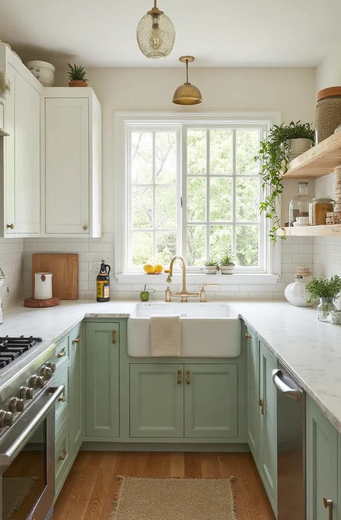 Kitchen Remodel Inspiration With Sage Green Lower Cabinets Bright kitchen with sage green lower cabinets, white upper cabinets, a farmhouse sink, brass fixtures, open wood shelving, and a large window