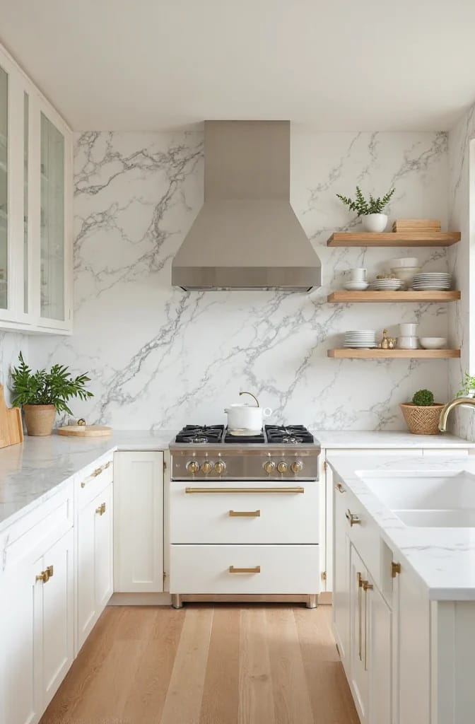Kitchen Remodel Inspiration With Slab Backsplash White kitchen with a veined slab backsplash extending from the countertops to the range hood, surrounding a stainless steel stove with open wood shelves and white cabinetry