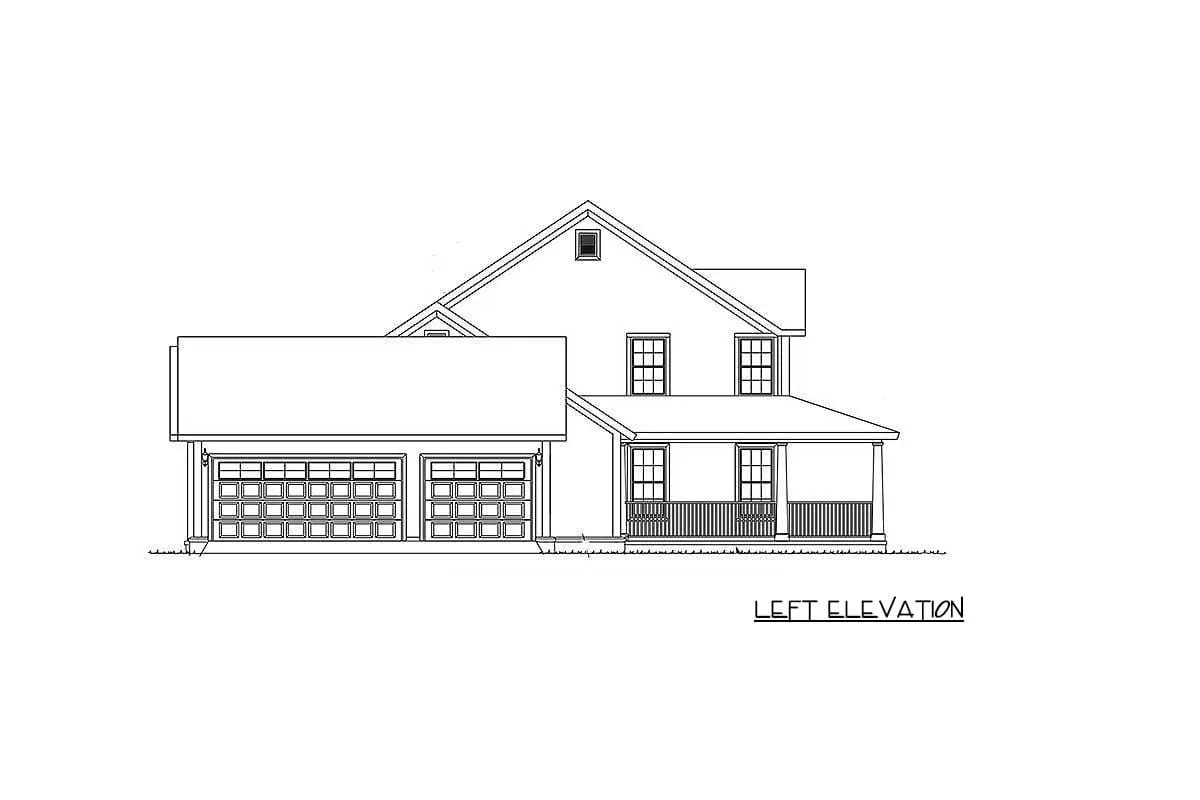 Left elevation drawing of a two-story home with a two-car garage and covered front porch