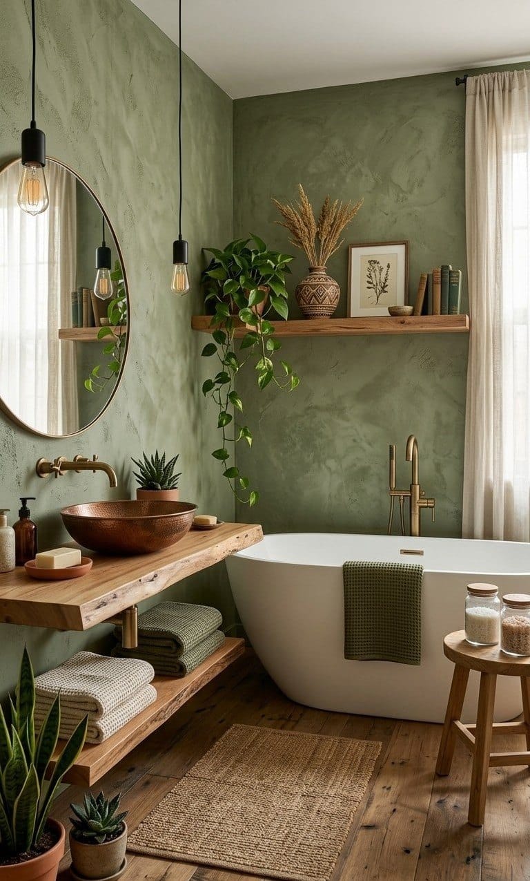 Bathroom wrapped in olive limewash with a live-edge oak vanity, hammered copper basin, brass taps and a freestanding tub