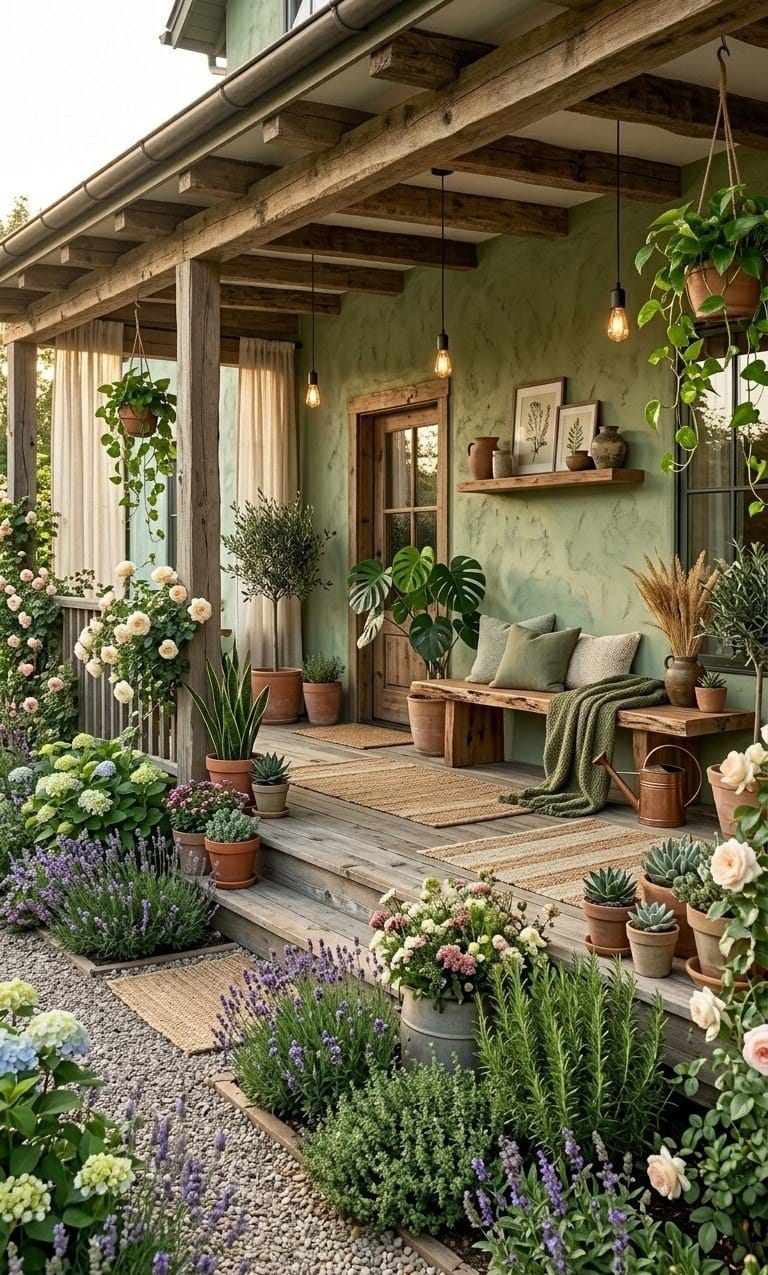 Covered front porch with olive lime-rendered walls, weathered oak posts and beams, a reclaimed bench, terracotta pots and lavender