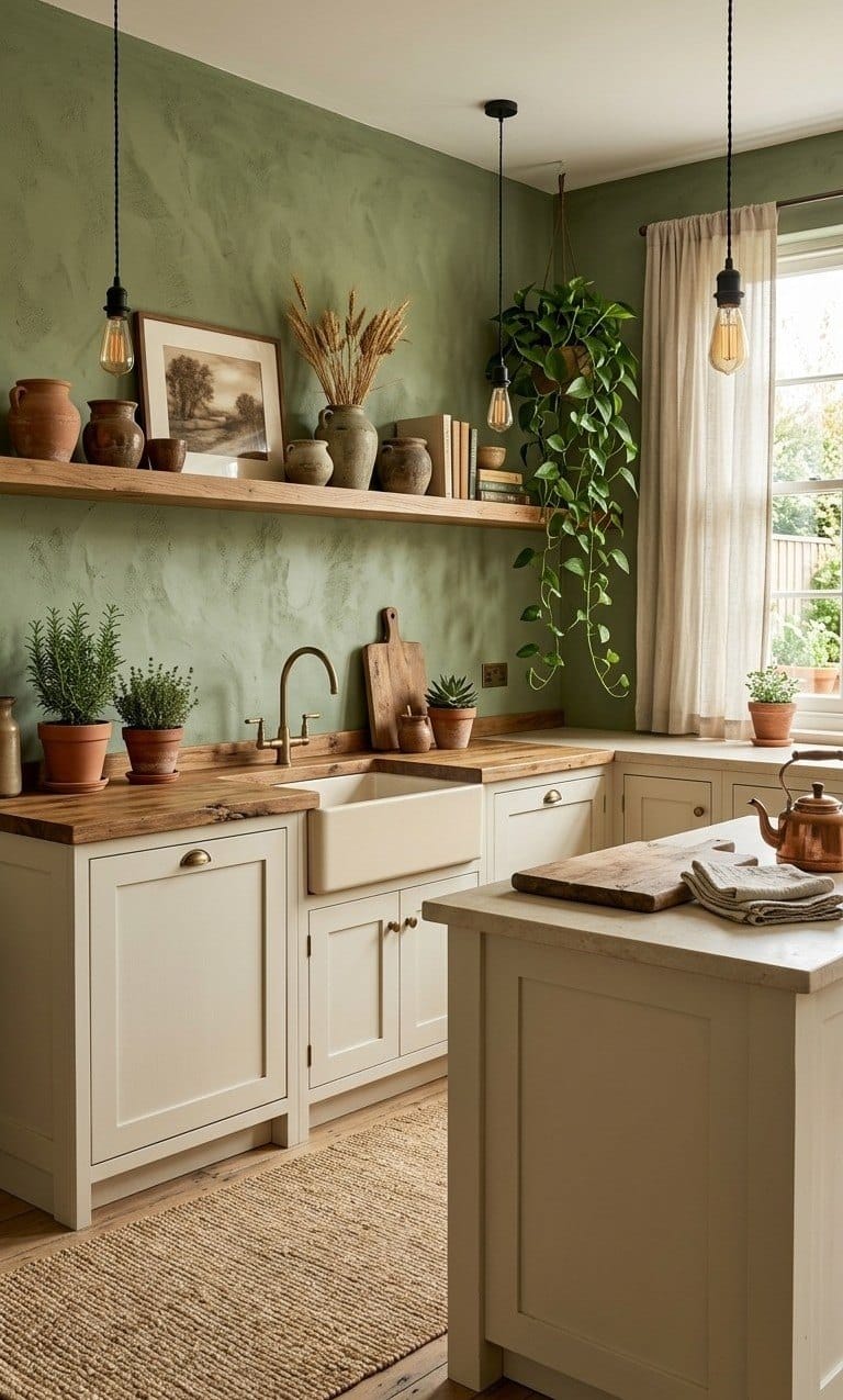 Kitchen with cream shaker cabinets, butcher-block counter, fireclay apron sink and an olive limewash wall with an open oak shelf
