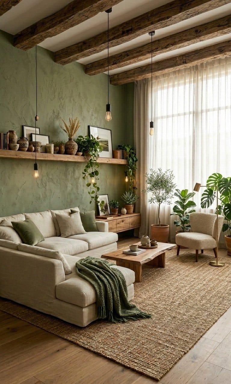 Living room with an olive limewash wall above a long honey oak shelf, a deep linen sectional and a moss green knit throw