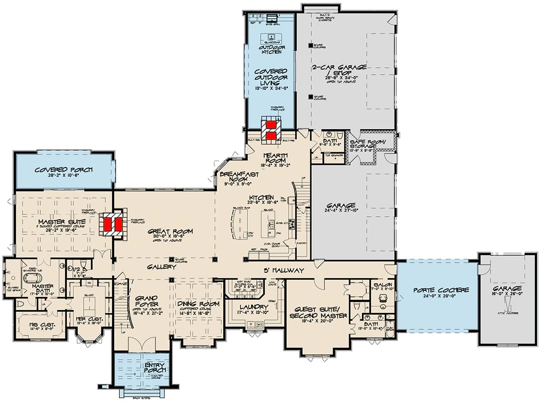 Main floor layout of a luxury European house plan featuring detailed labeled rooms including a master suite, great room, dining room, kitchen, guest suite, covered porch, porte cochere, multiple garages, and outdoor living area, designed for a 5-bedroom home with home theater and balcony.