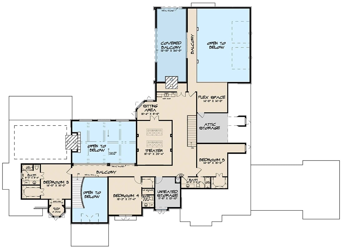 Upstairs floor plan of a luxury European house showing five bedrooms, a home theater room, covered balcony, sitting area, flex space, attic storage, and open-to-below spaces, illustrating the layout described in the luxury European house plan with home theater and balcony article.