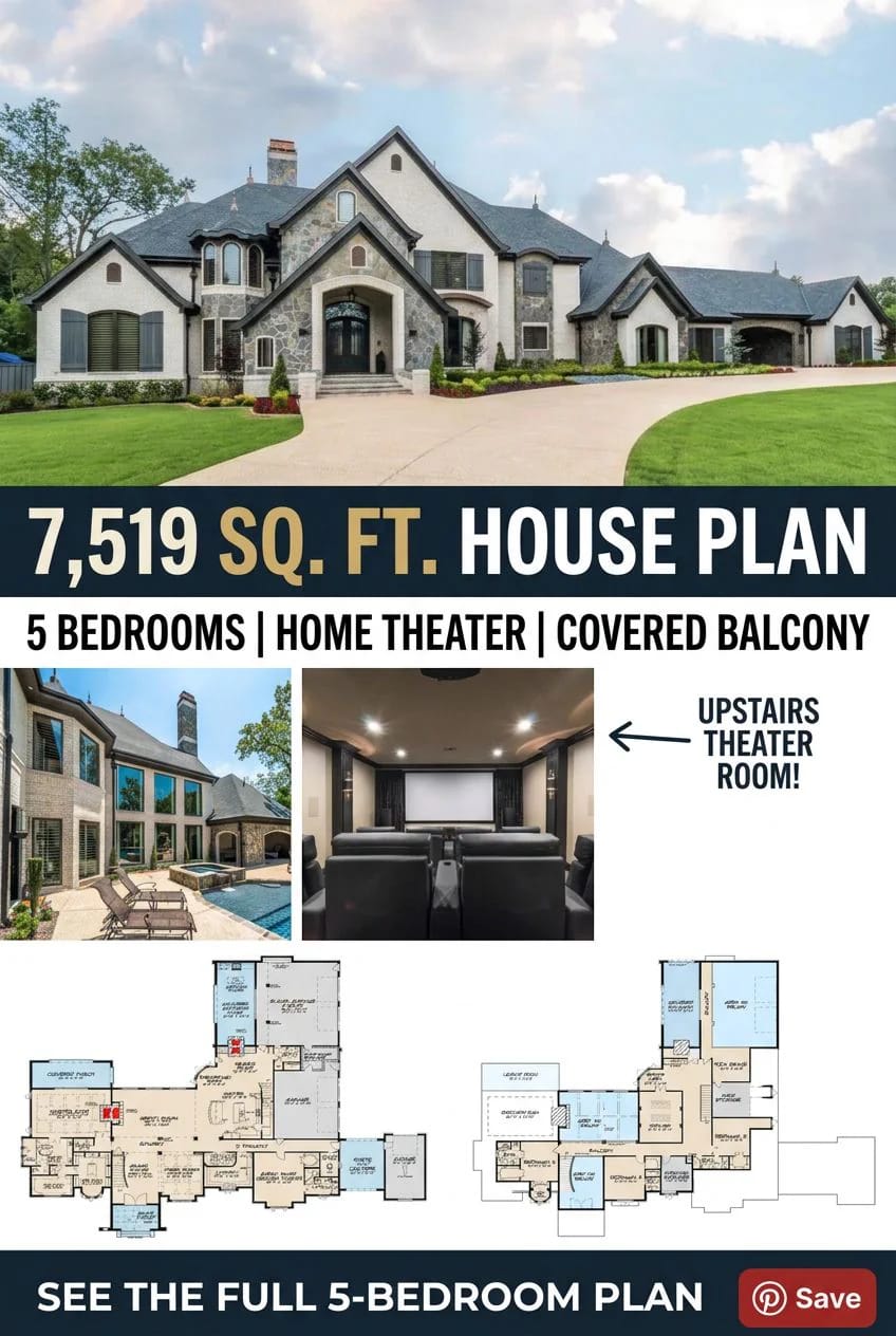 Collage image showing a large luxury European-style home exterior, a backyard patio with pool, an upstairs home theater room, and detailed floor plans for a 5-bedroom house with a covered balcony, promoting a 7,519 sq. ft. European house plan.