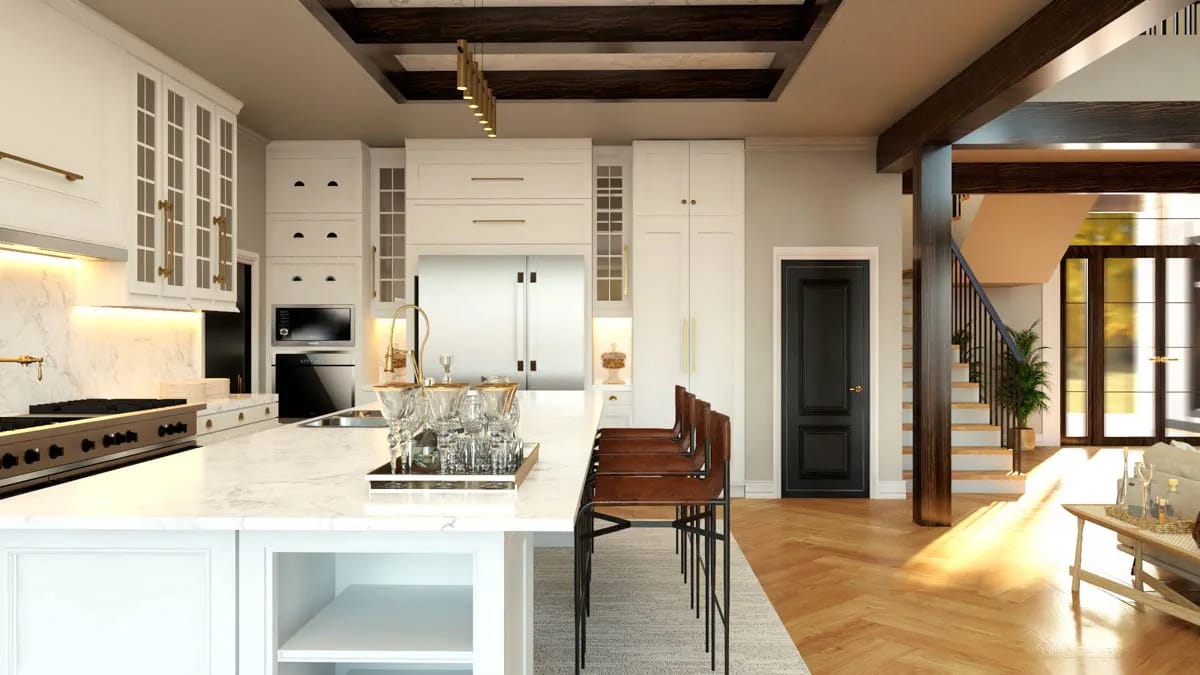 Luxury kitchen render with marble island, white cabinetry, and dark wood accents Luxury kitchen render with marble island, white cabinetry, and dark wood accents