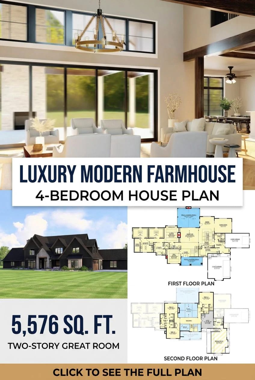 Luxury Modern Farmhouse 4-Bedroom House Plan Overview Collage showing a luxury modern farmhouse interior living area with large windows, exterior view of the house, and detailed first and second floor plans for a 4-bedroom luxury modern farmhouse house plan with a two-story great room, related to roofing and heated space considerations.