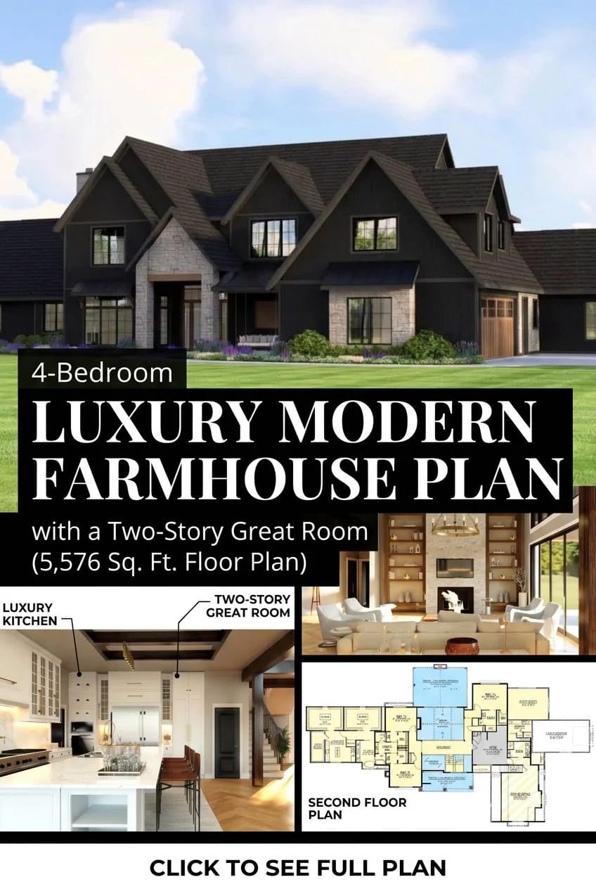 Luxury Modern Farmhouse 4-Bedroom House Plan Overview Collage showing a 4-bedroom luxury modern farmhouse exterior, a spacious kitchen, a two-story great room, and a detailed floor plan layout for a 5,576 square foot house plan.