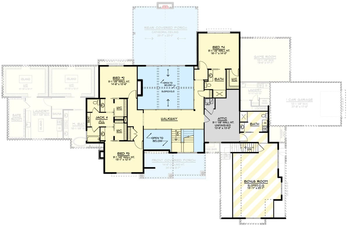 Luxury Modern Farmhouse Floor Plan With Two Story Great Room Detailed floor plan layout for a 4-bedroom luxury modern farmhouse house plan featuring a two-story great room, labeled bedrooms, bathrooms, attic, bonus room, walkways, and covered porches, highlighting the spacious and functional design.