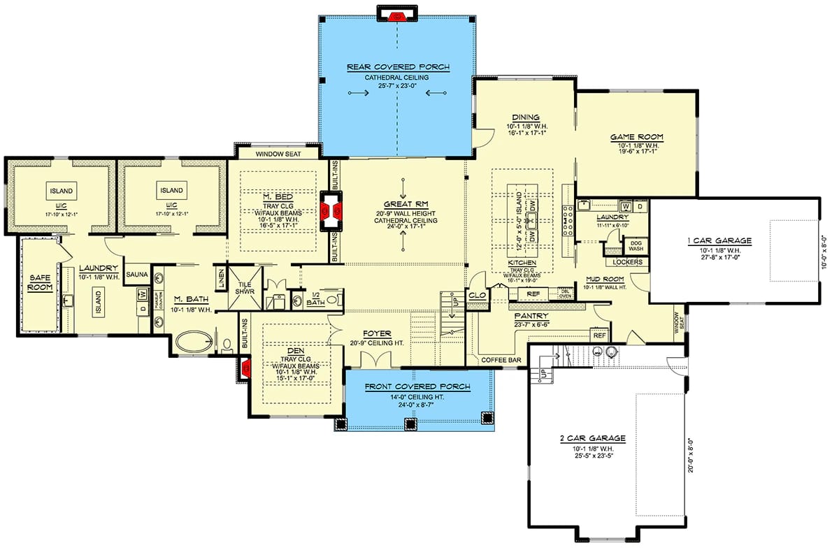 Luxury Modern Farmhouse House Plan Two Story Great Room Floor plan for a 4-bedroom luxury modern farmhouse house plan featuring a two-story great room, spacious kitchen, dining area, den, laundry, game room, safe room, pantry, mud room, three-car garage, and front and rear covered porches.