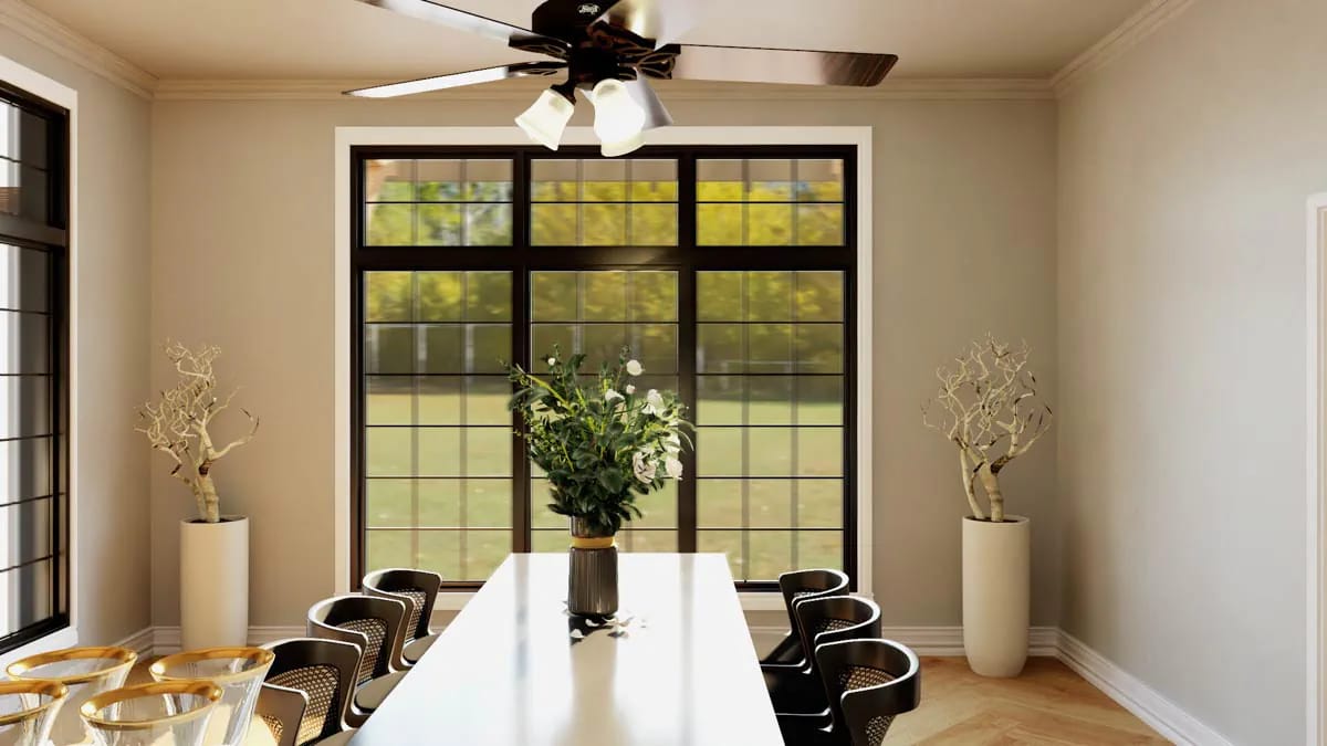 Modern dining room with large grid window, white table, and herringbone wood flooring Modern dining room with large grid window, white table, and herringbone wood flooring
