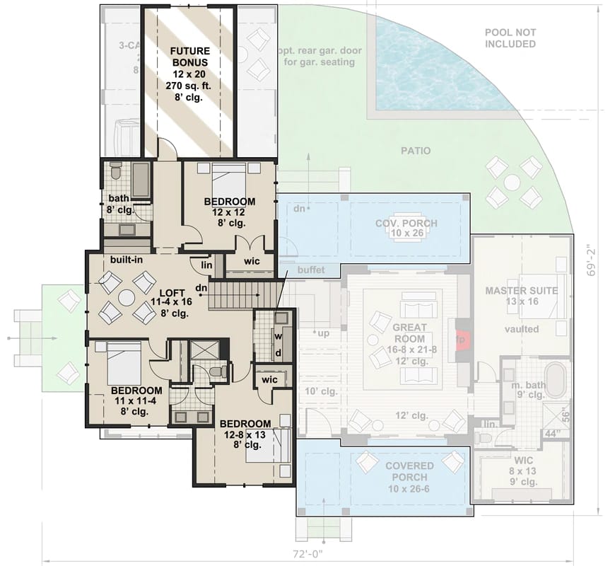 Second-floor plan of a modern farmhouse showing three bedrooms, a loft, bathrooms, closets, a future bonus room, and a pass-through three-car garage above the main living spaces.