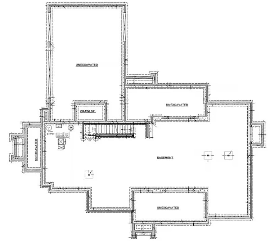 Architectural basement floor plan for a modern farmhouse, showing a central basement area, staircase, crawl space, utility room, and multiple unexcavated sections