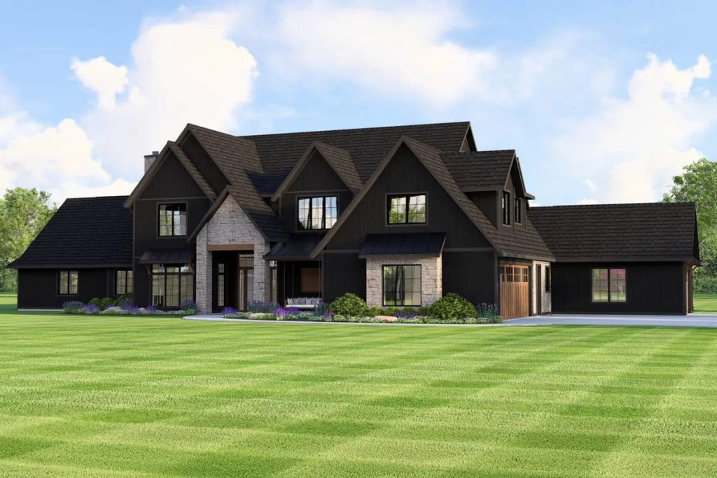 Lovely Harbor 27 Modern farmhouse exterior with dark siding, stone accents, and multiple gables on a manicured lawn
