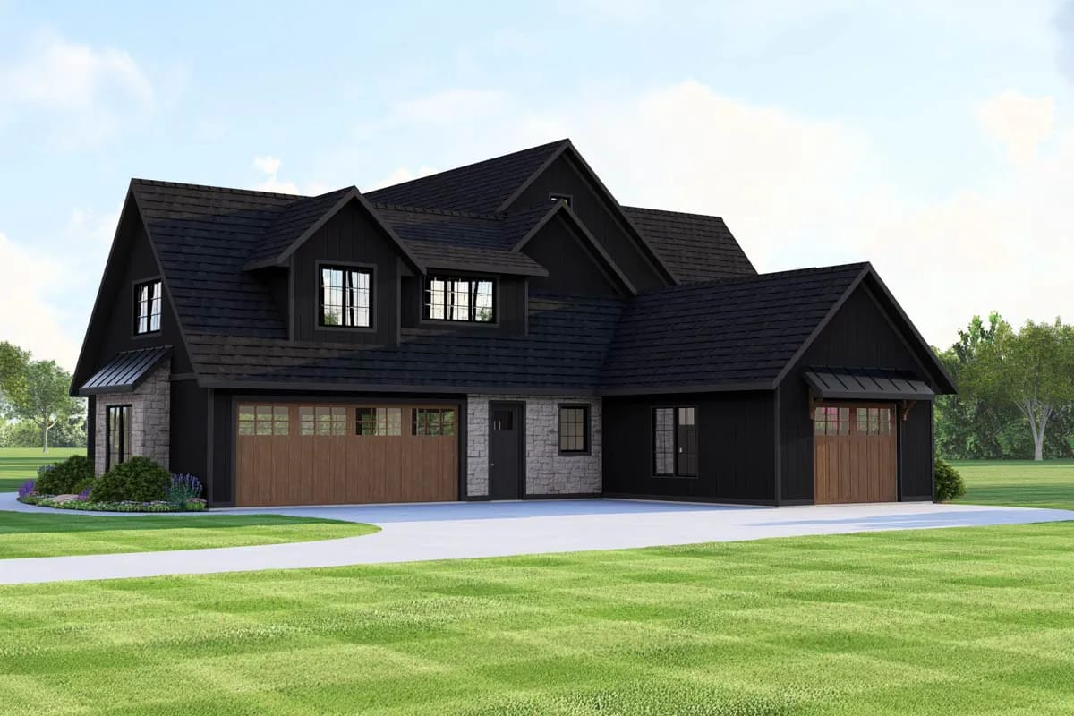 Modern farmhouse exterior with dark siding, stone accents, and three wood garage doors Modern farmhouse exterior with dark siding, stone accents, and three wood garage doors