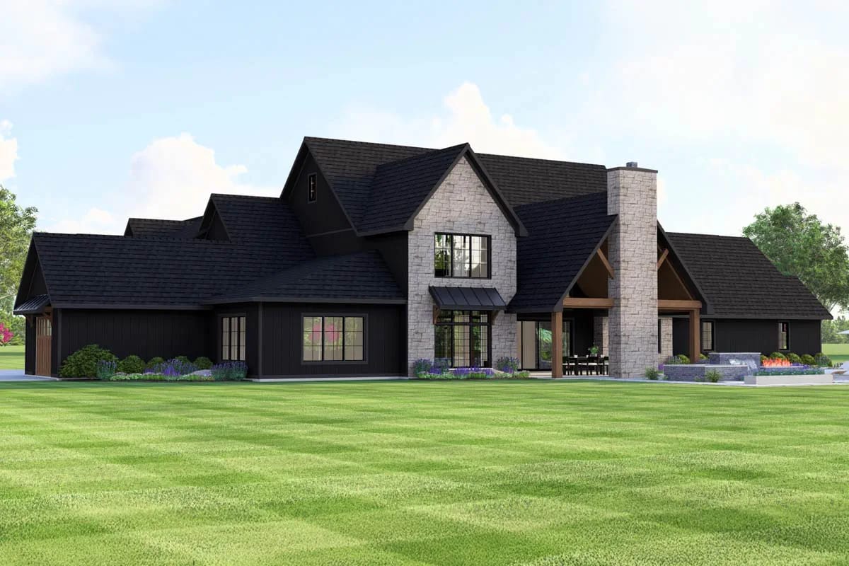 Modern farmhouse exterior with dark siding, stone accents, gable roofs, and a timber porch on a large lawn Modern farmhouse exterior with dark siding, stone accents, gable roofs, and a timber porch on a large lawn