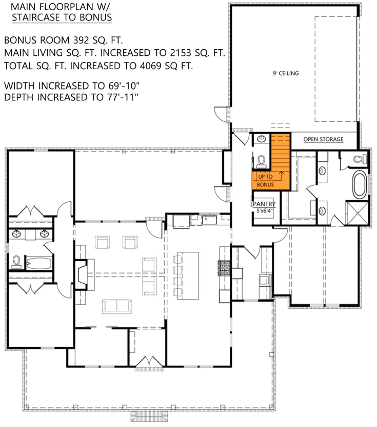 Modern Farmhouse Floor Plan With Bonus Room Architectural floor plan for a modern farmhouse showing bedrooms, bathrooms, kitchen, dining and living areas, pantry, open storage, stairs to a bonus room, and a large wraparound porch.