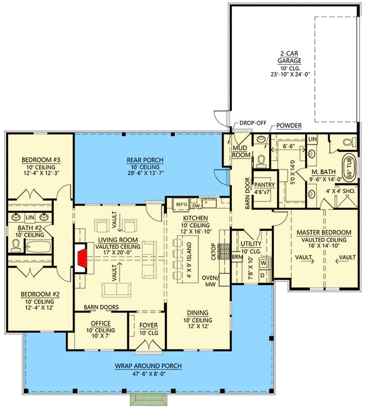 Modern Farmhouse Floor Plan With Wraparound Porch Labeled floor plan for a modern farmhouse with three bedrooms, a home office, two-and-a-half baths, kitchen, dining and living areas, two-car garage, rear porch, and wraparound porch