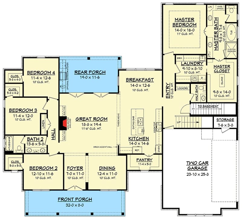 Modern Farmhouse Plan With Bonus Room Main-level floor plan for a modern farmhouse showing four bedrooms, great room, kitchen, dining room, front and rear porches, two-car garage, and stairs to a bonus room area.