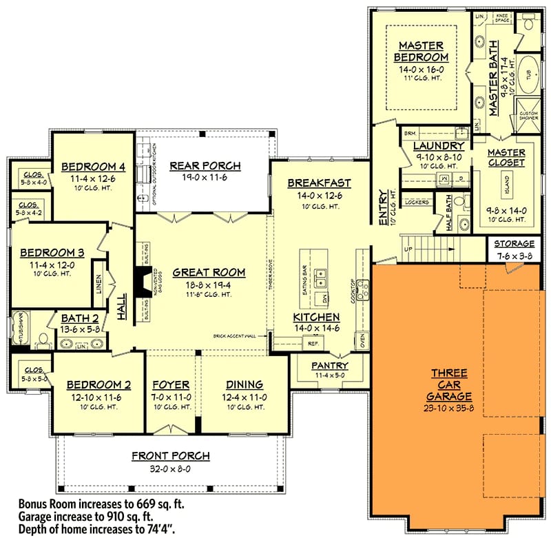 Modern Farmhouse Plan With Bonus Room Labeled floor plan of a modern farmhouse showing four bedrooms, a great room, kitchen, dining area, front and rear porches, master suite, three-car garage, and bonus room details over the garage