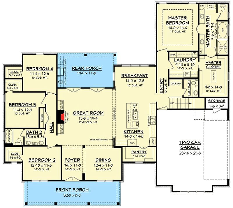 Modern Farmhouse Plan With Bonus Room Floor Plan Labeled floor plan for a modern farmhouse showing four bedrooms, a master suite, kitchen, dining room, great room, two-car garage, front and rear porches, and a bonus room area over the garage.