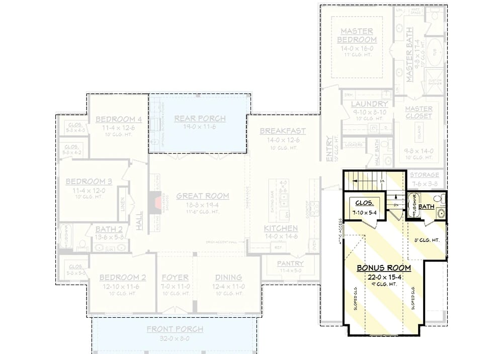Modern Farmhouse Plan With Bonus Room Floor plan highlighting the bonus room, closet, and full bathroom over the garage in a modern farmhouse house plan