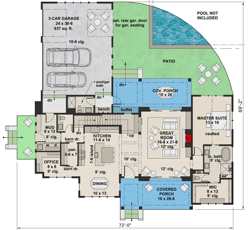 Floor plan for a modern farmhouse with four bedrooms, showing a three-car garage, pass-through rear garage door, patio, pool area marked not included, covered porches, kitchen, dining room, office, great room, and master suite.