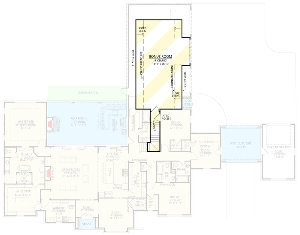 Floor plan for a 4-bedroom modern French country house featuring a porte cochere, 4-car garage, master suite, rear porch, kitchen, dining area, and a large bonus room as part of the modern French country house plan design.